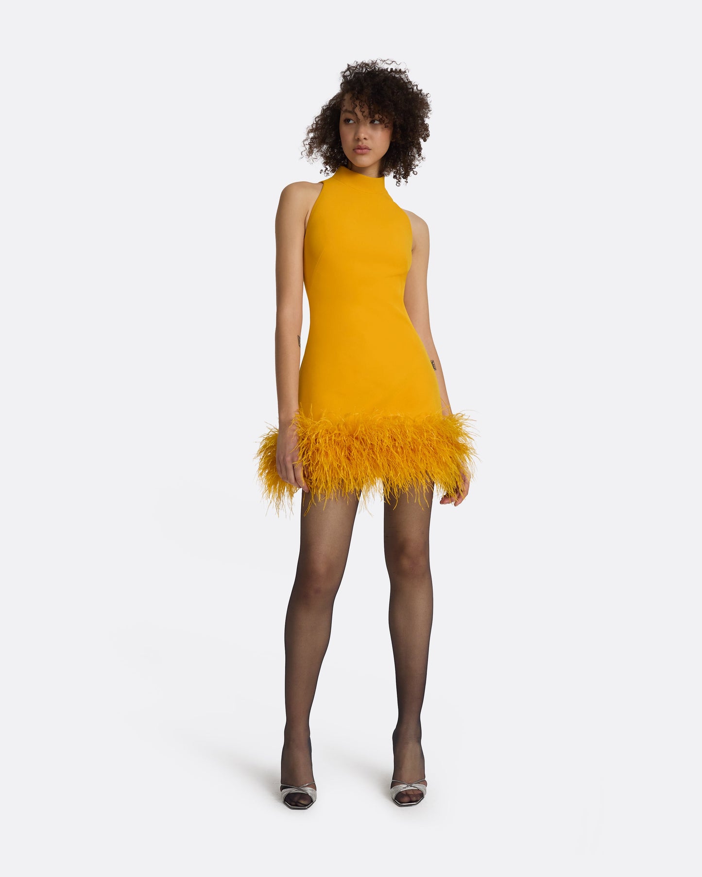 Ratana Ochre Feather-Trimmed Short Dress