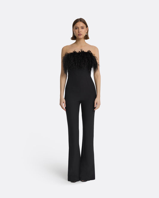 Myrine Black Feather-trimmed Jumpsuit