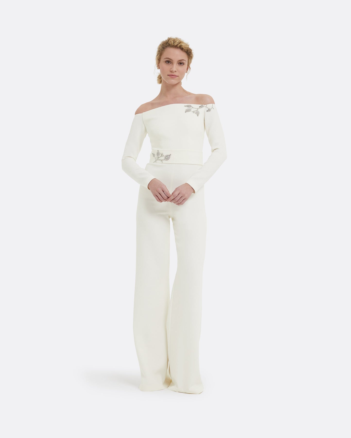 Veasna Ivory & Flower Bud Embroidery Jumpsuit