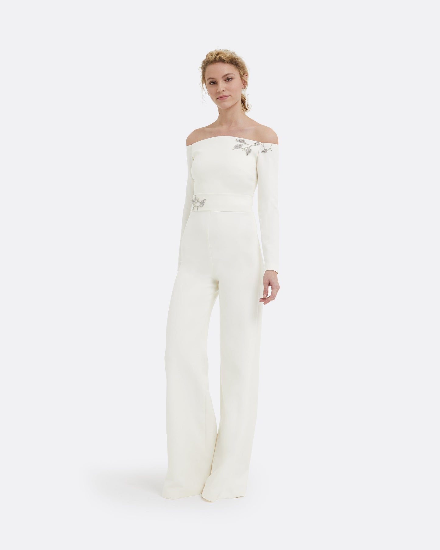 Veasna Ivory & Flower Bud Embroidery Jumpsuit