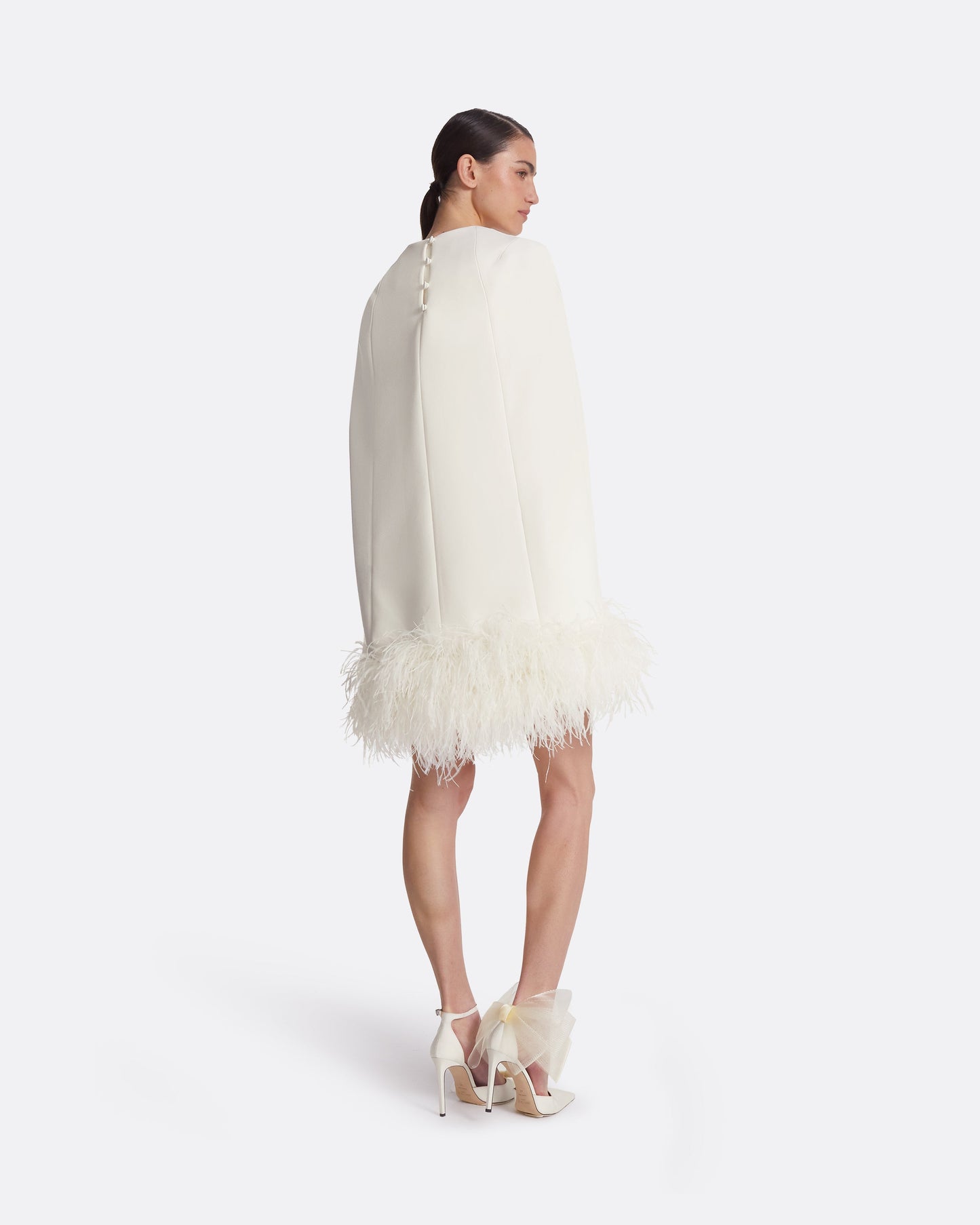 Rowenal Ivory Feather-Trimmed Short Dress