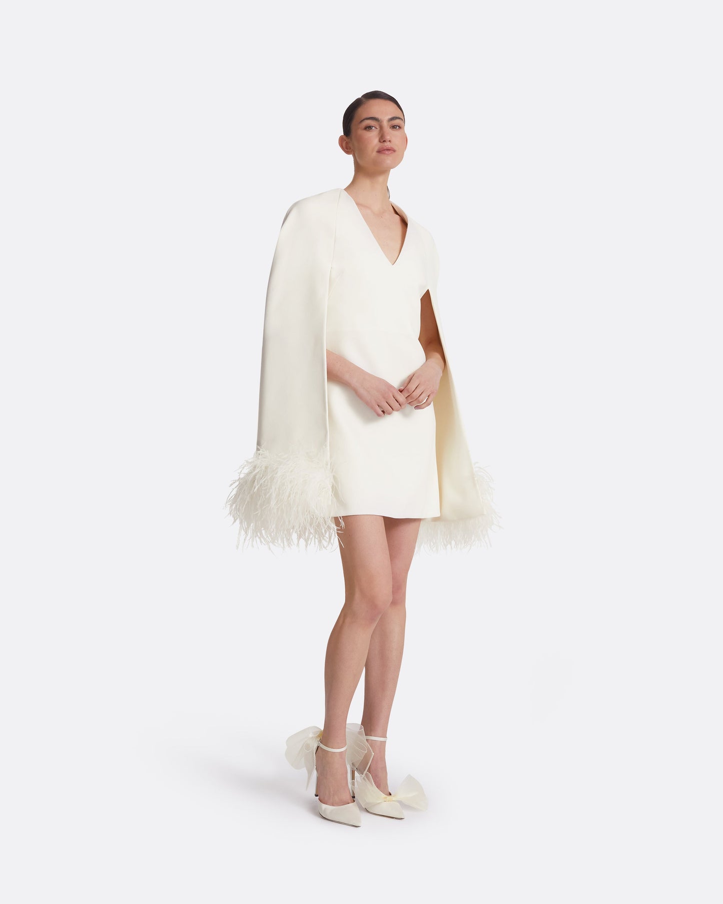 Rowenal Ivory Feather-Trimmed Short Dress