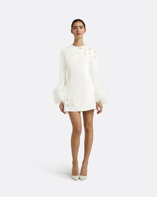 Rena Ivory Feather-trimmed Short Dress