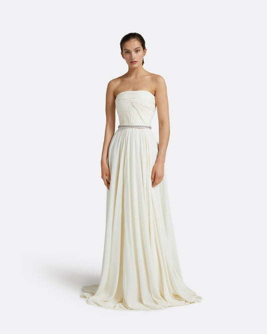 Adora Ivory Long Dress With Embroidered Belt