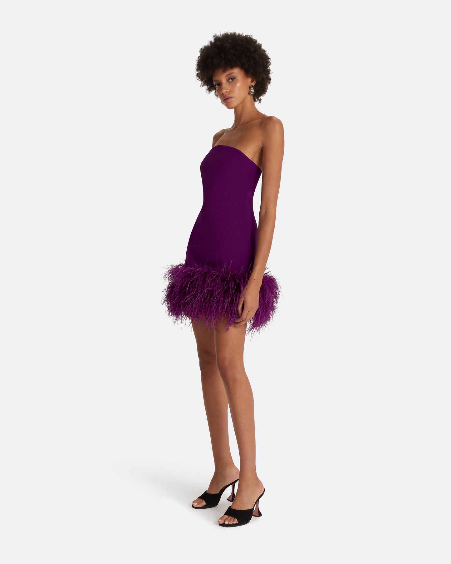 Rowan Currant Feather-Trimmed Short Dress