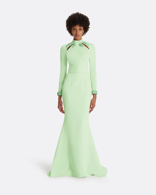 Kamala Aloe & Curled Leaf Embroidery Long Dress