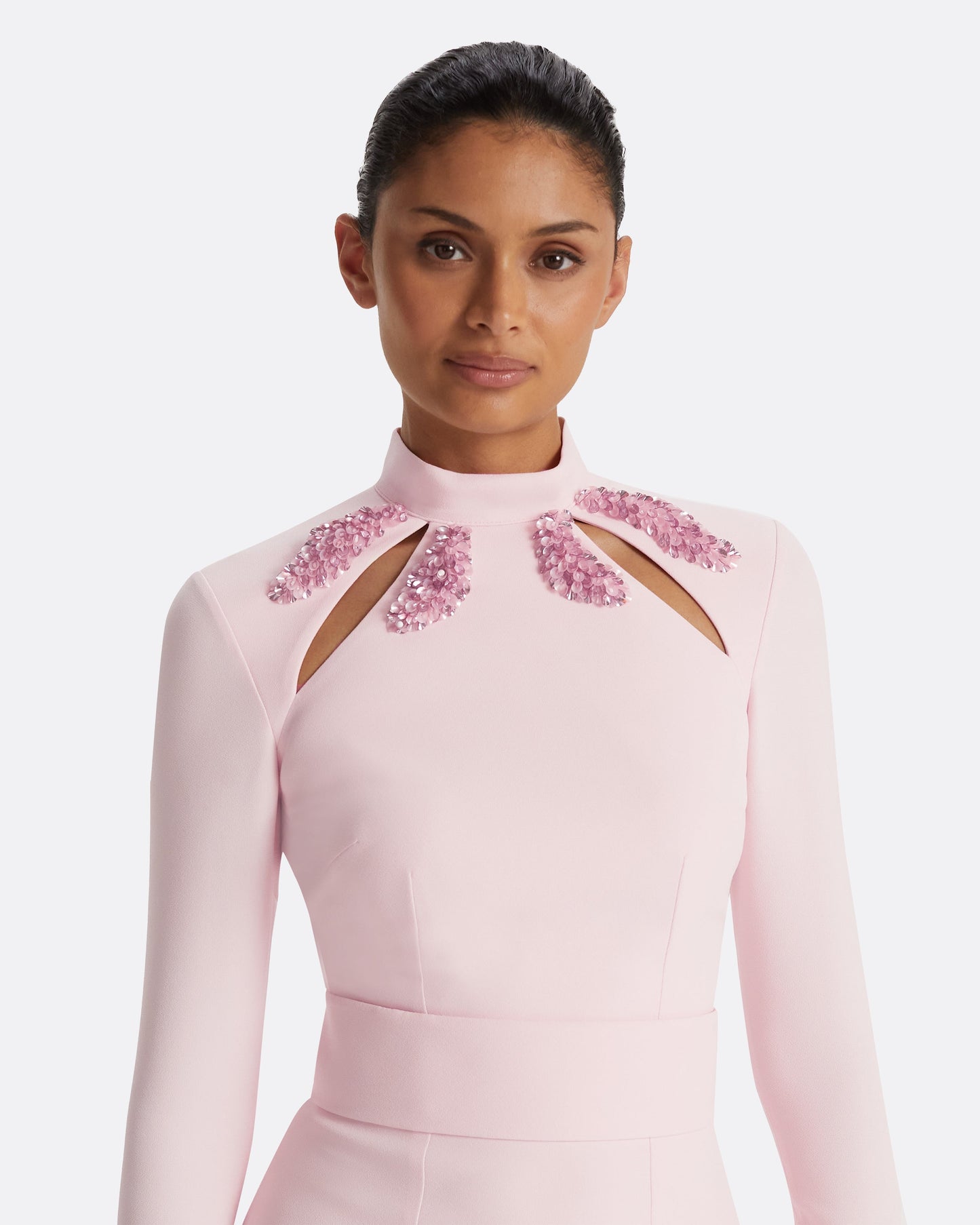 Kamala Pale Pink & Curled Leaf Embroidery Long Dress