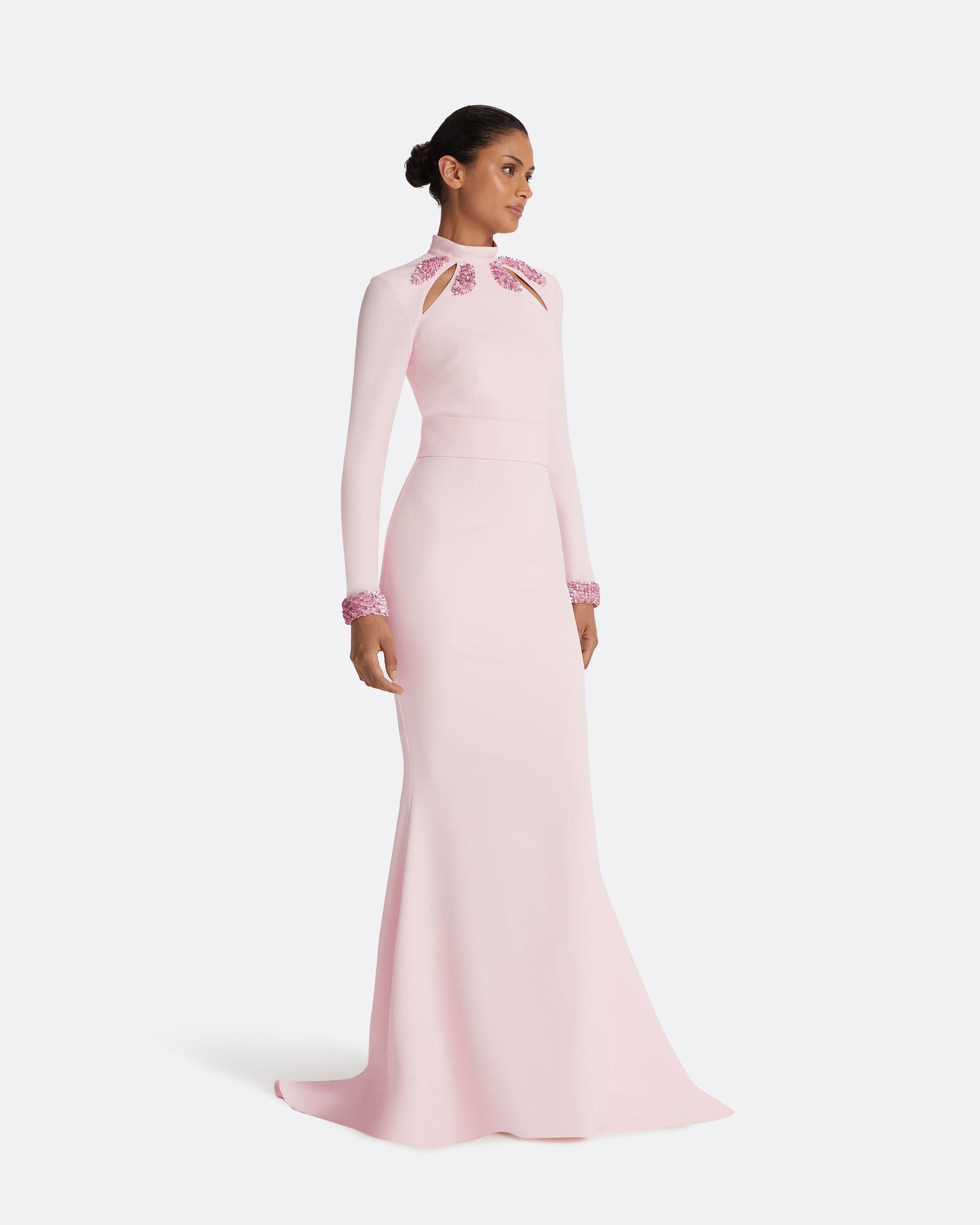 Kamala Pale Pink & Curled Leaf Embroidery Long Dress