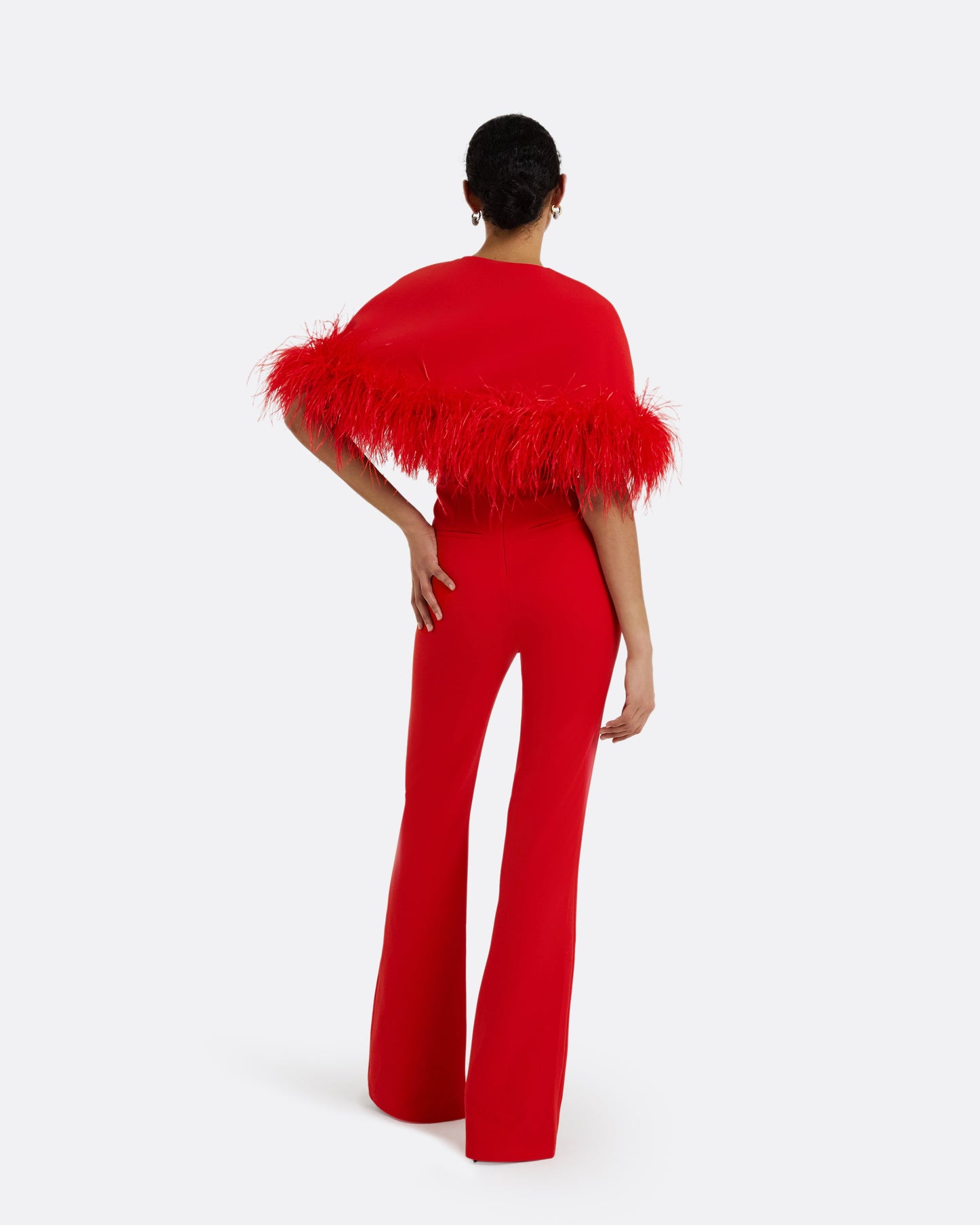 Kepuret Scarlet Red Feather-Trimmed Cape with Myrine Jumpsuit