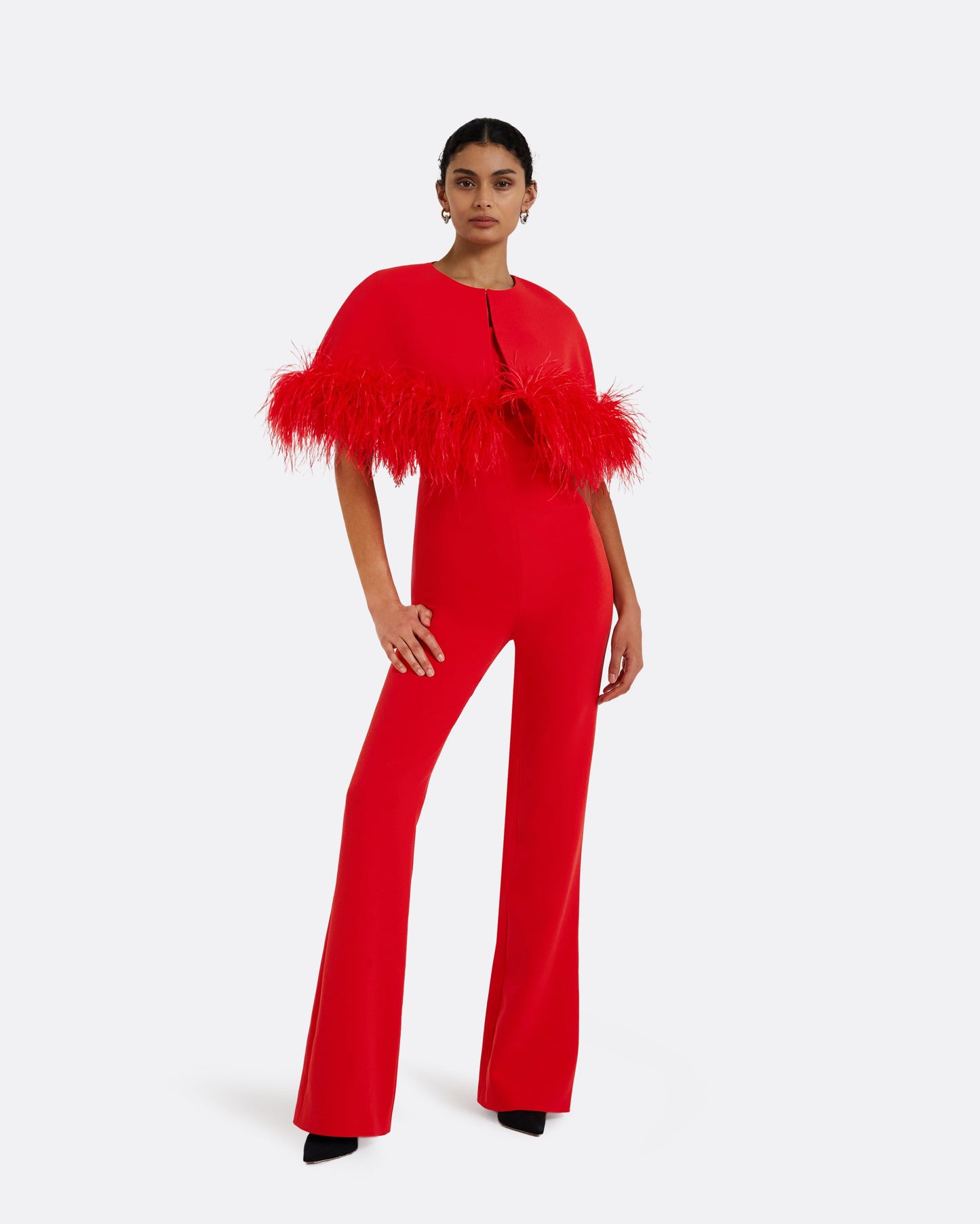 Kepuret Scarlet Red Feather-Trimmed Cape with Myrine Jumpsuit