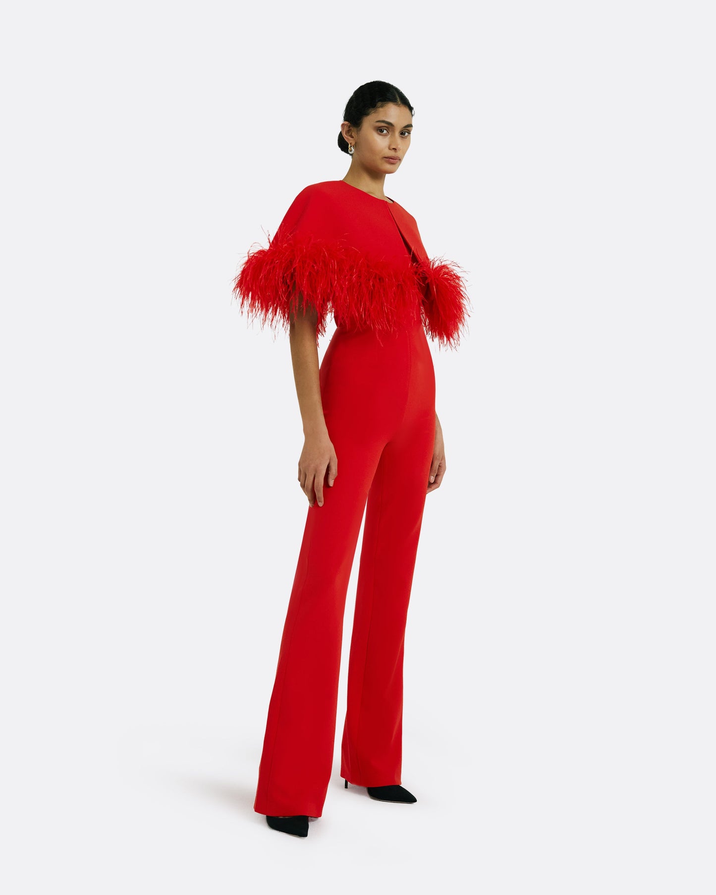 Kepuret Scarlet Red Feather-Trimmed Cape with Myrine Jumpsuit