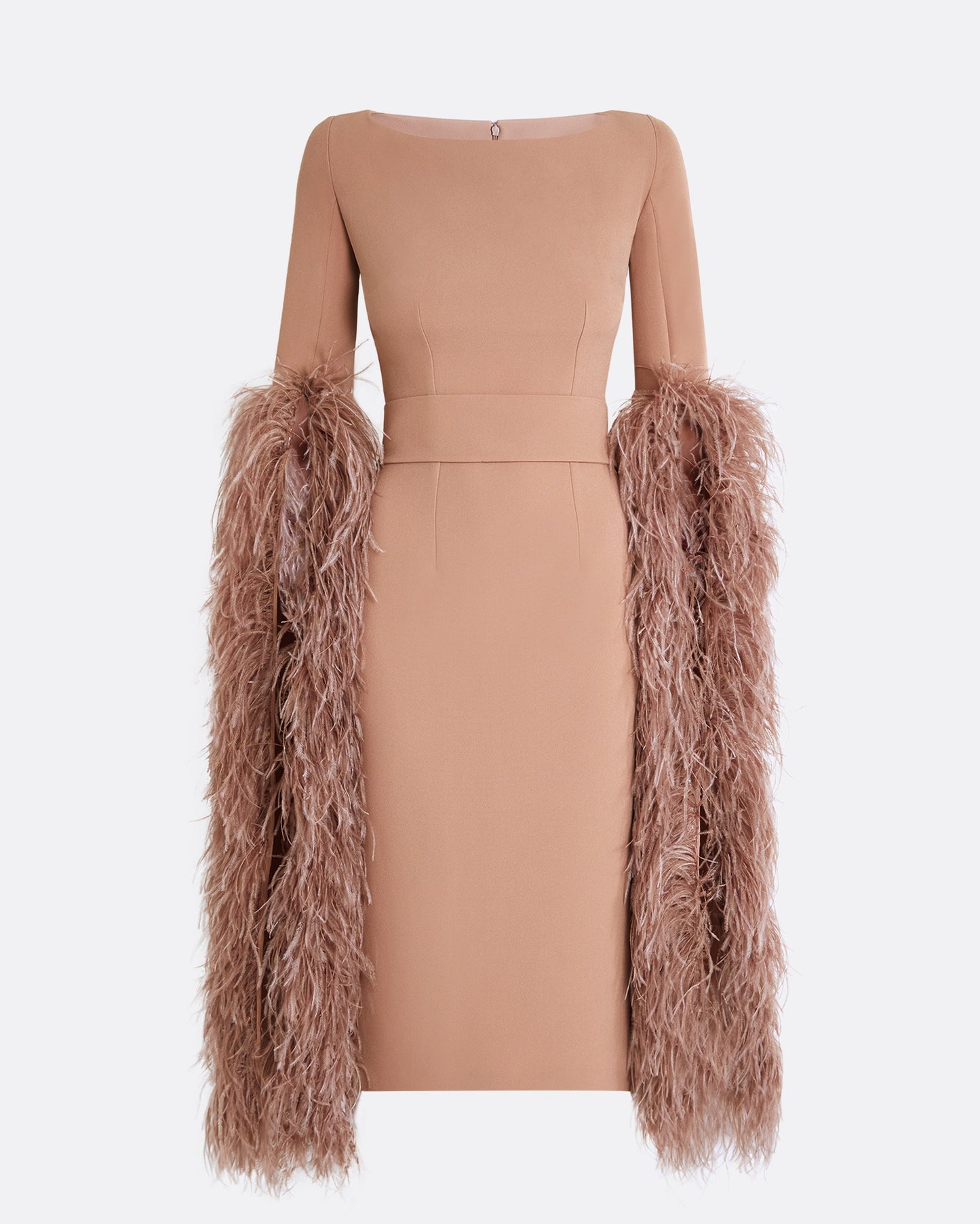 Octavia Dusty Pink Feather-Trimmed Midi Dress