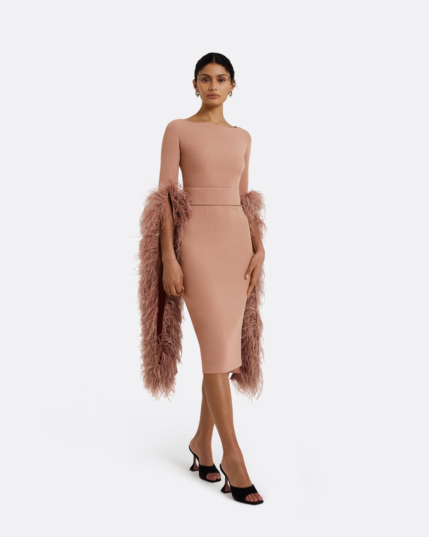Octavia Dusty Pink Feather-Trimmed Midi Dress