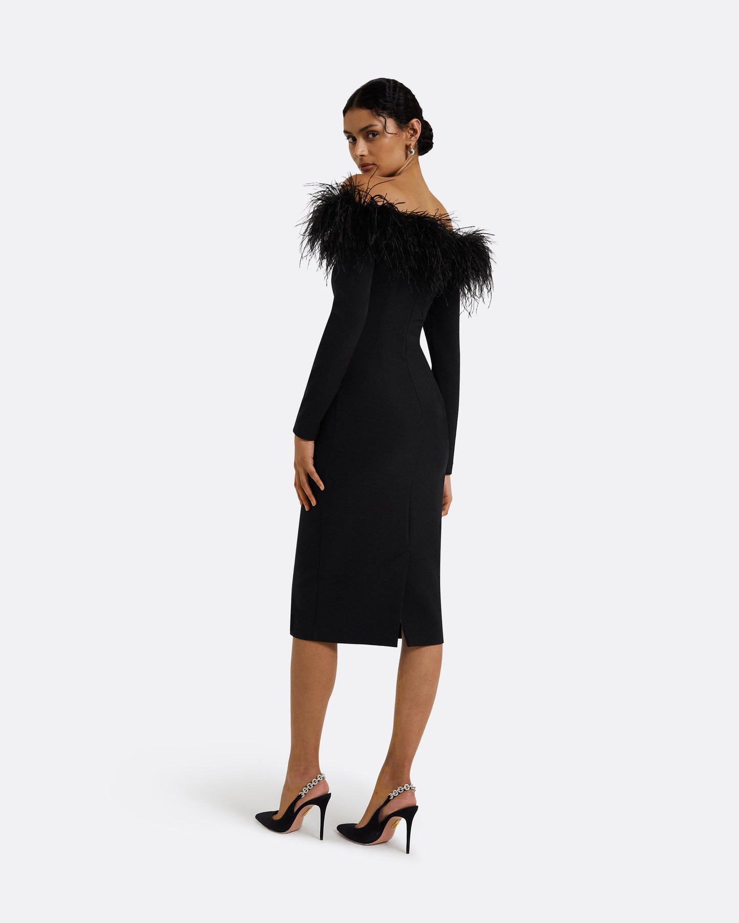 Starling Black Feather-Trimmed Midi Dress