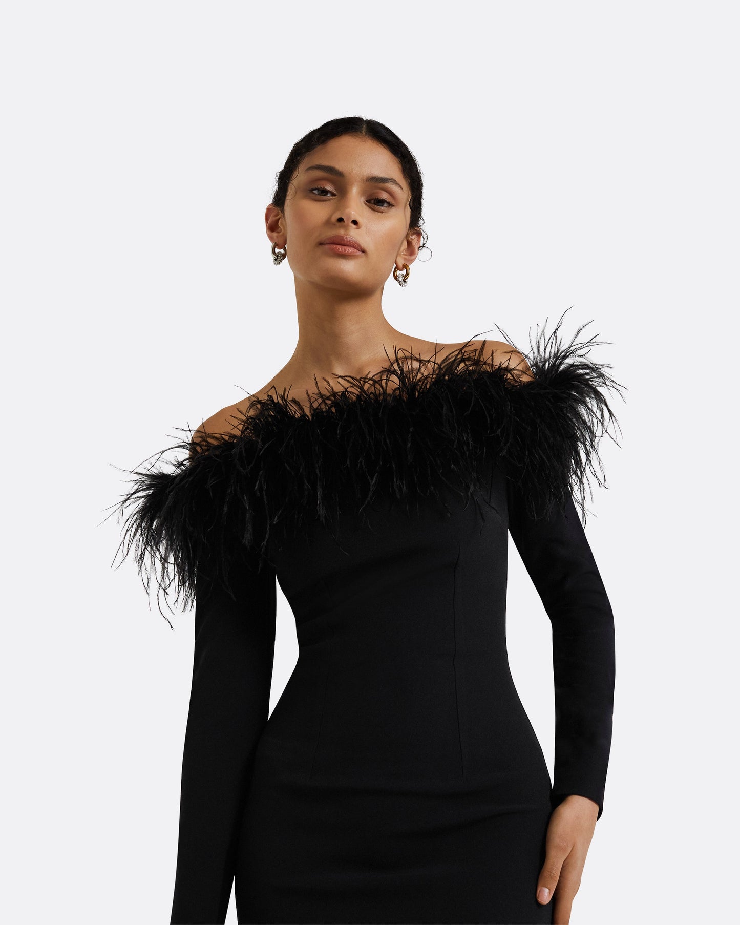 Starling Black Feather-Trimmed Midi Dress