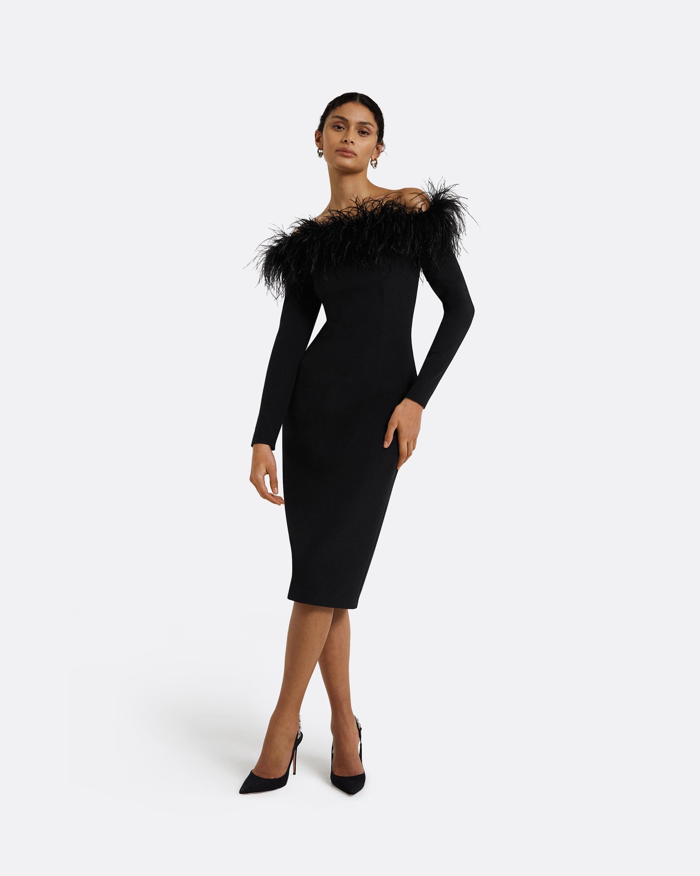 Starling Black Feather-Trimmed Midi Dress