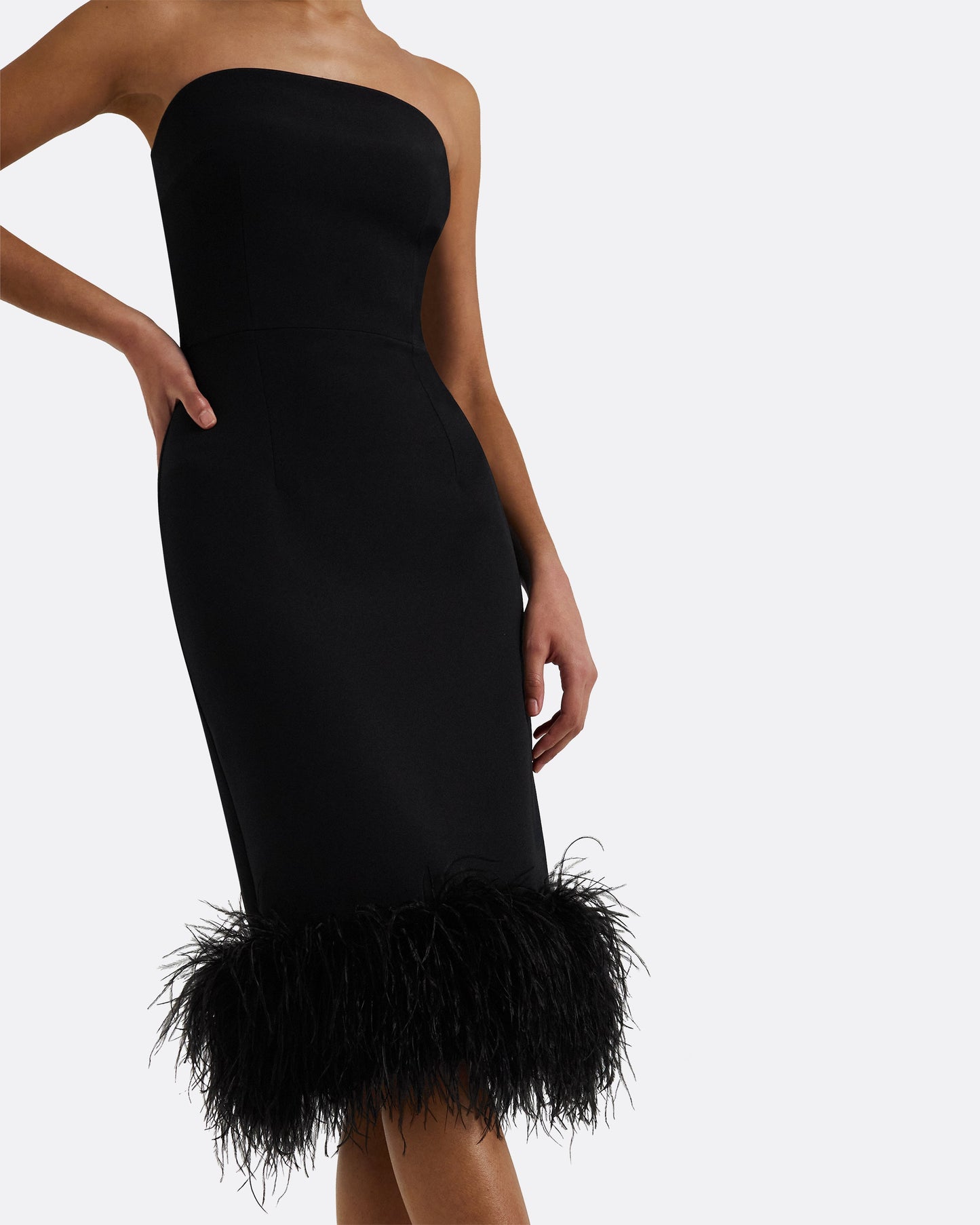 Oralie Black Feather-Trimmed Midi Dress