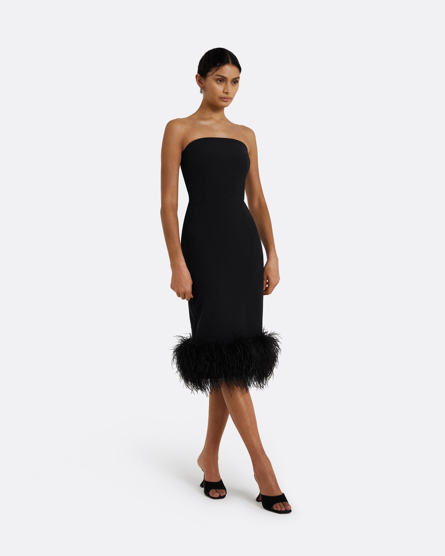 Oralie Black Feather-Trimmed Midi Dress
