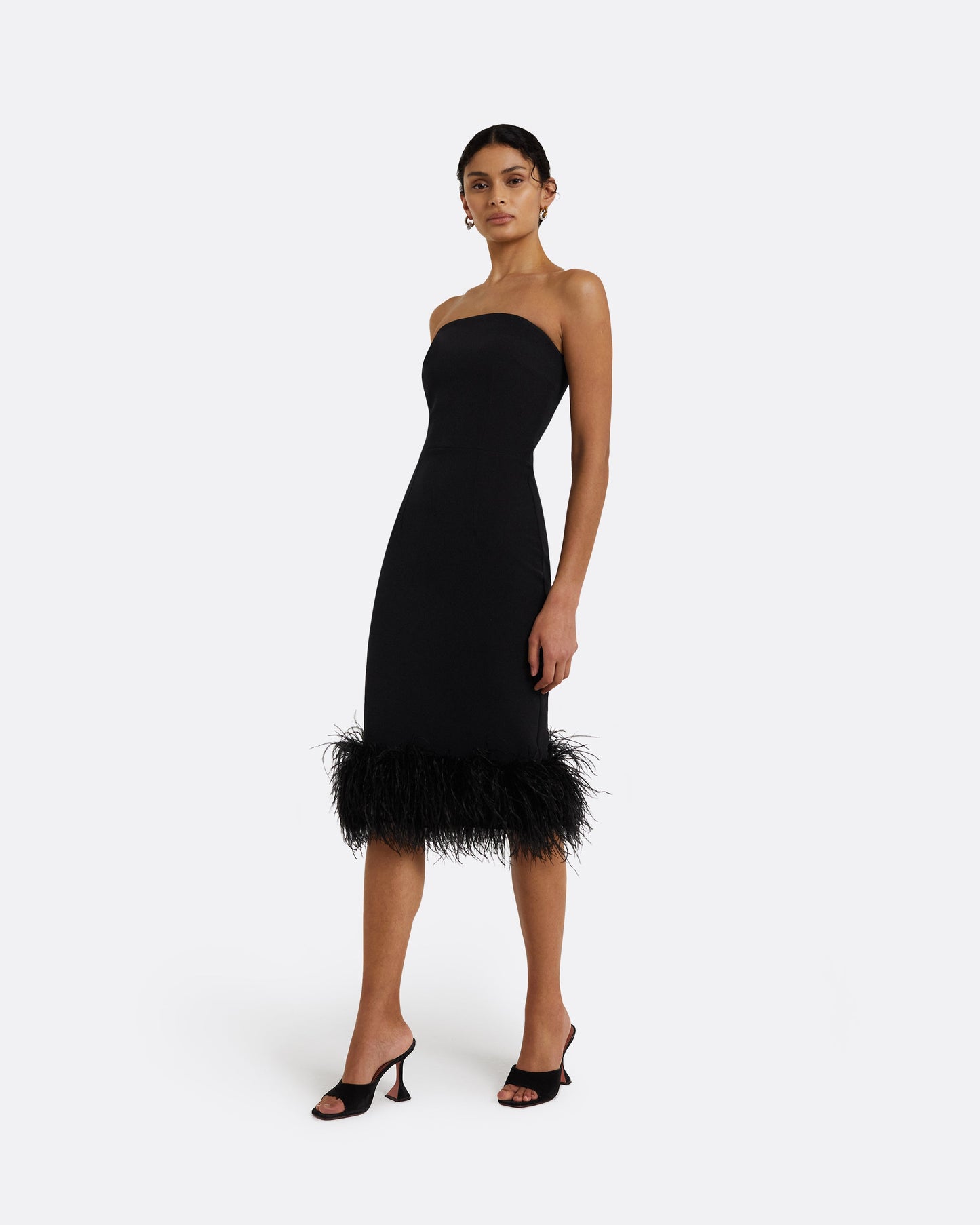 Oralie Black Feather-Trimmed Midi Dress