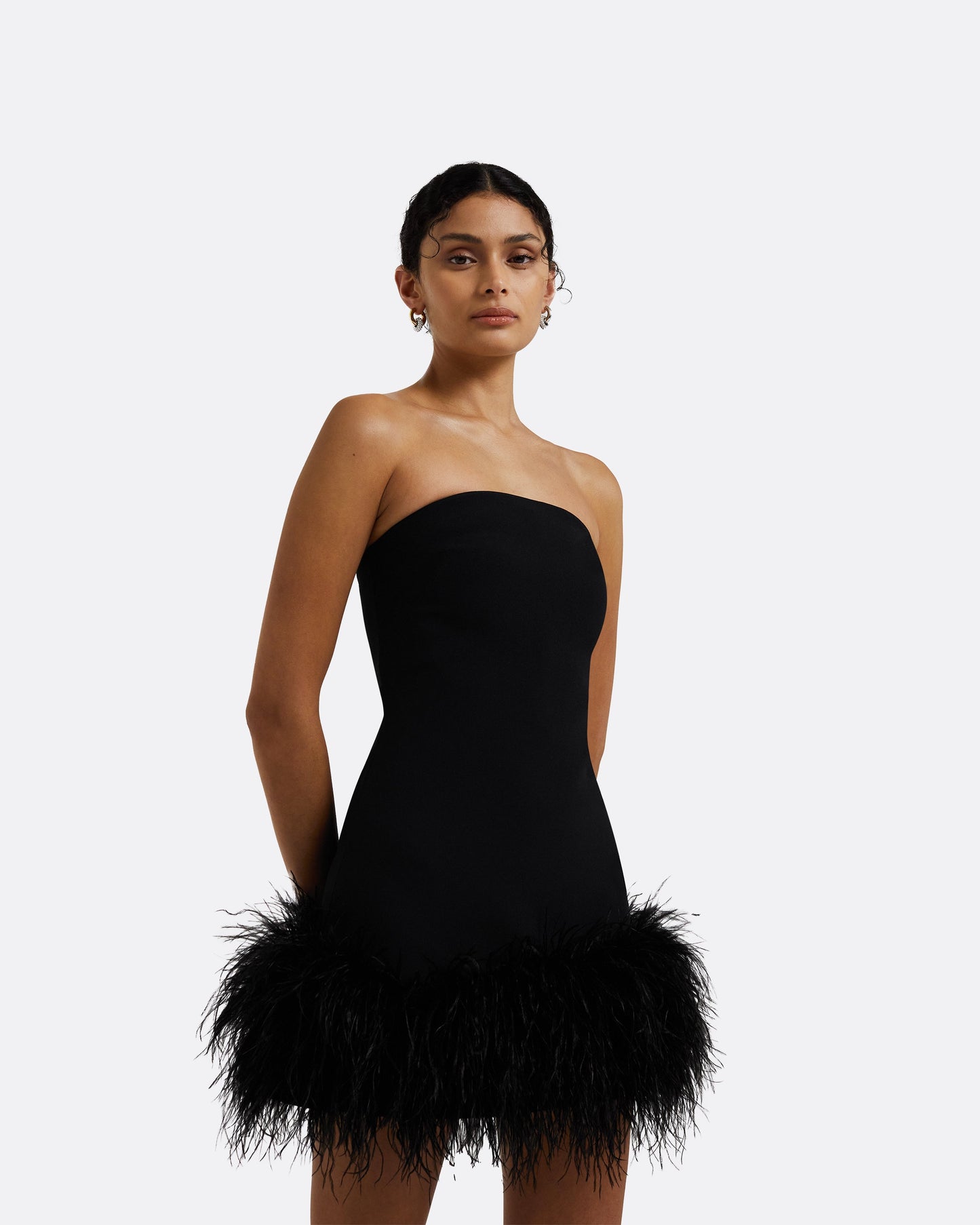 Rowan Black Feather-Trimmed Short Dress