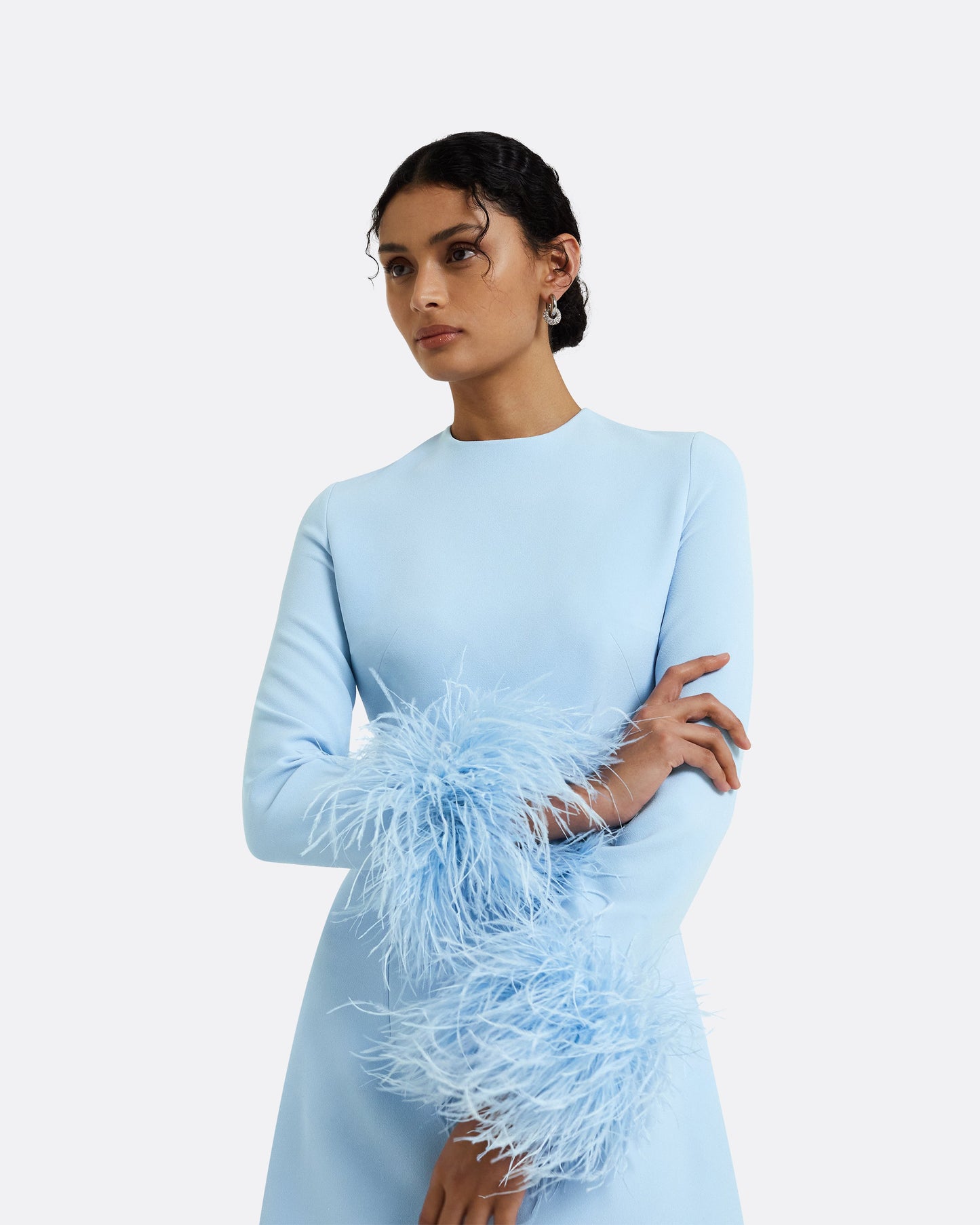 Rena Pale Blue Feather-Trimmed Short Dress
