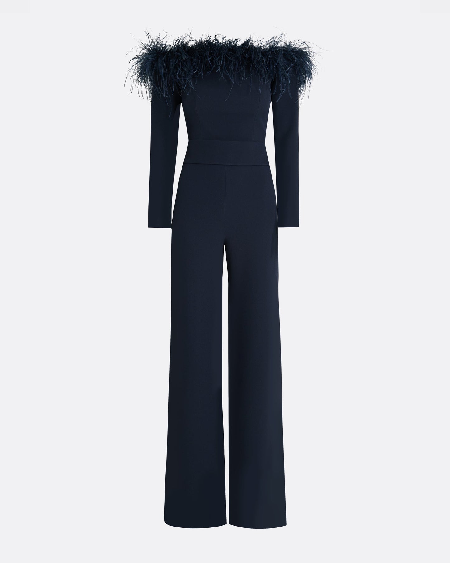 Veasna Midnight Navy Feather-Trimmed Jumpsuit