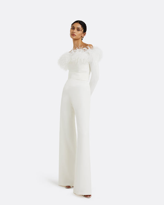 Veasna Ivory Feather-Trimmed Jumpsuit