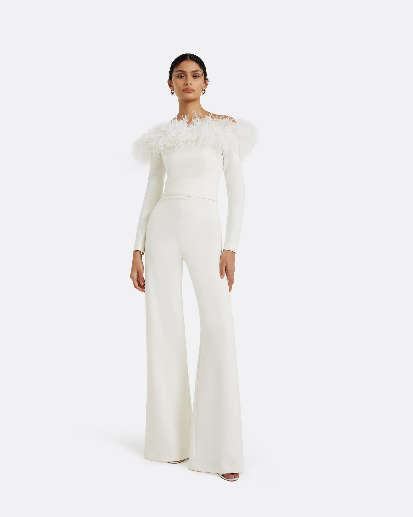 Veasna Ivory Feather-Trimmed Jumpsuit