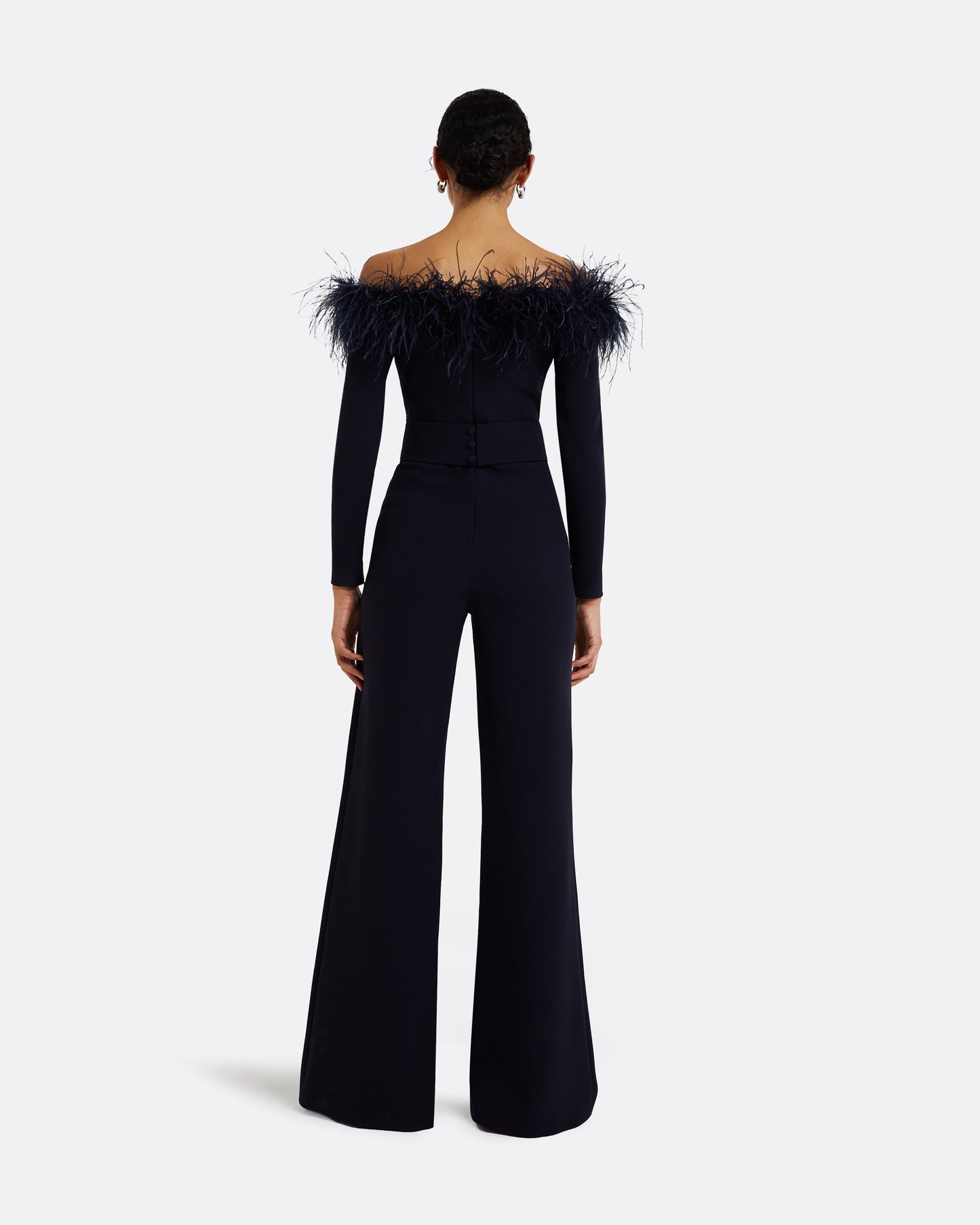 Veasna Midnight Navy Feather-Trimmed Jumpsuit