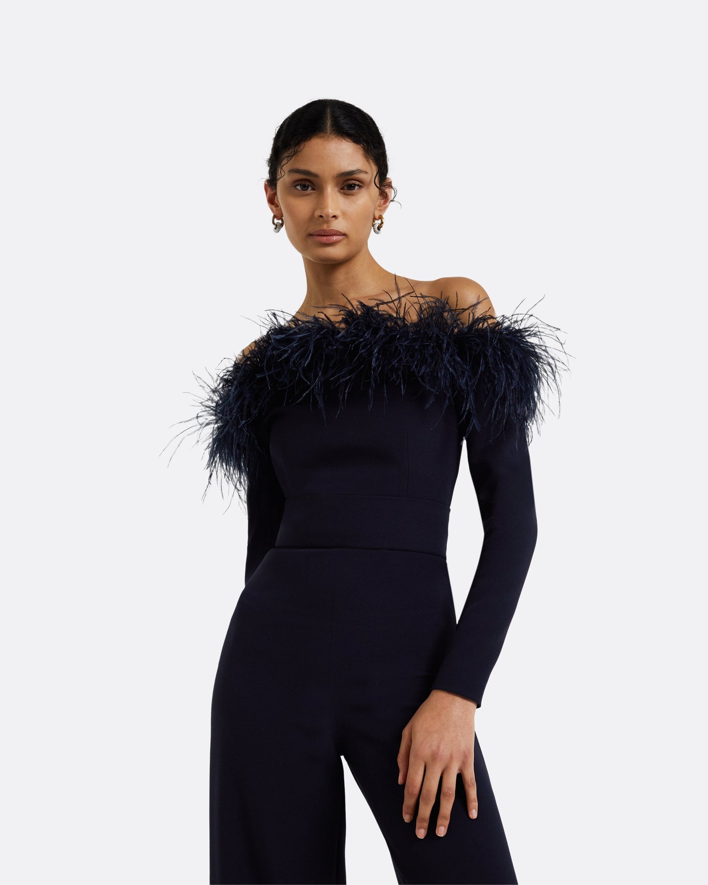 Veasna Midnight Navy Feather-Trimmed Jumpsuit
