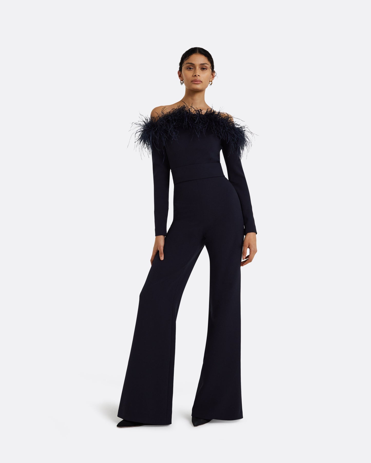Veasna Midnight Navy Feather-Trimmed Jumpsuit