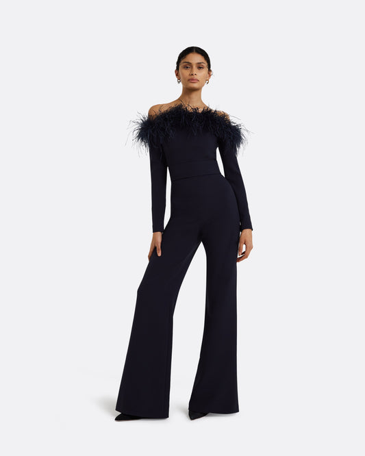 Veasna Midnight Navy Feather-Trimmed Jumpsuit