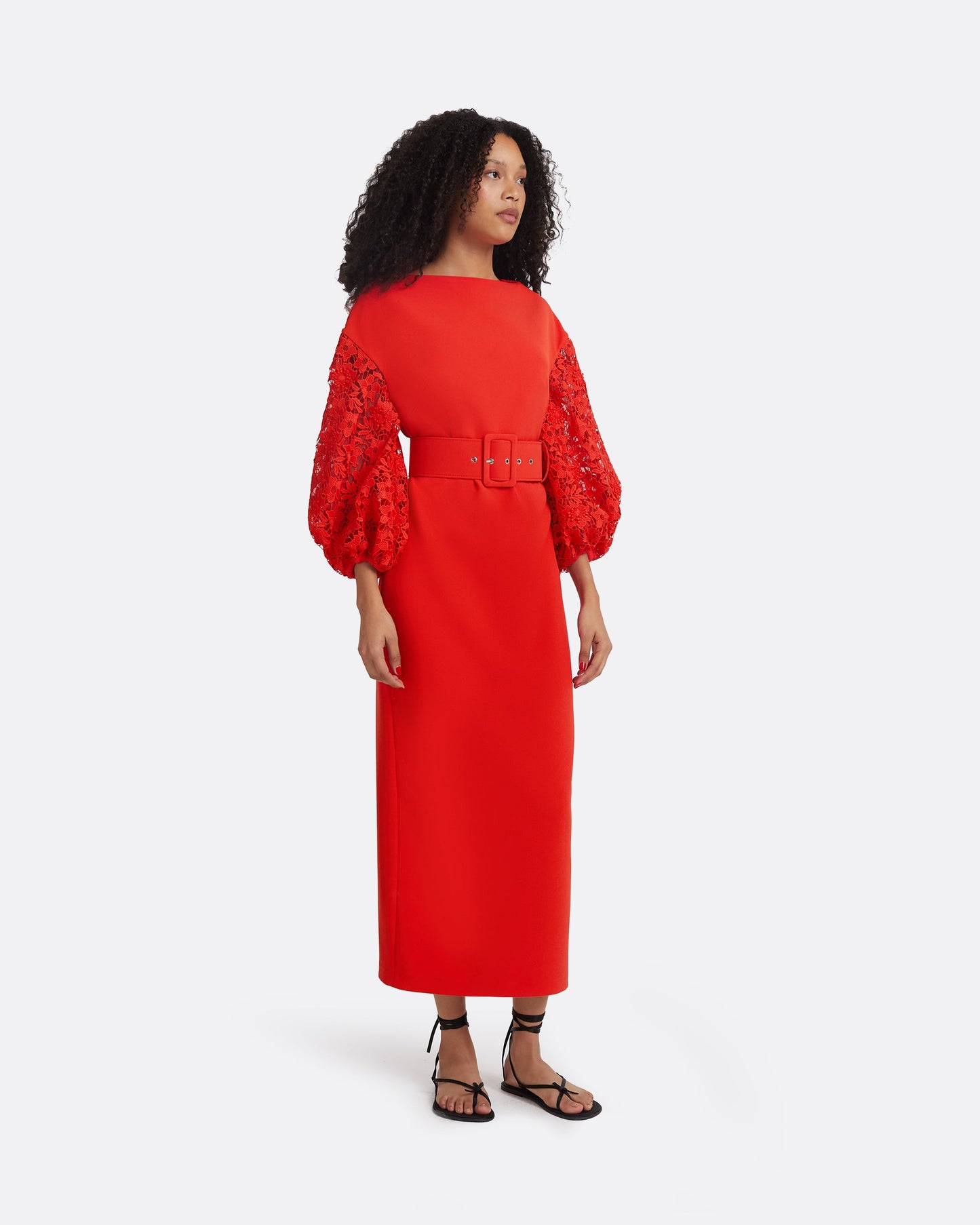 Amiee Lacquer Red Midi Dress With Belt