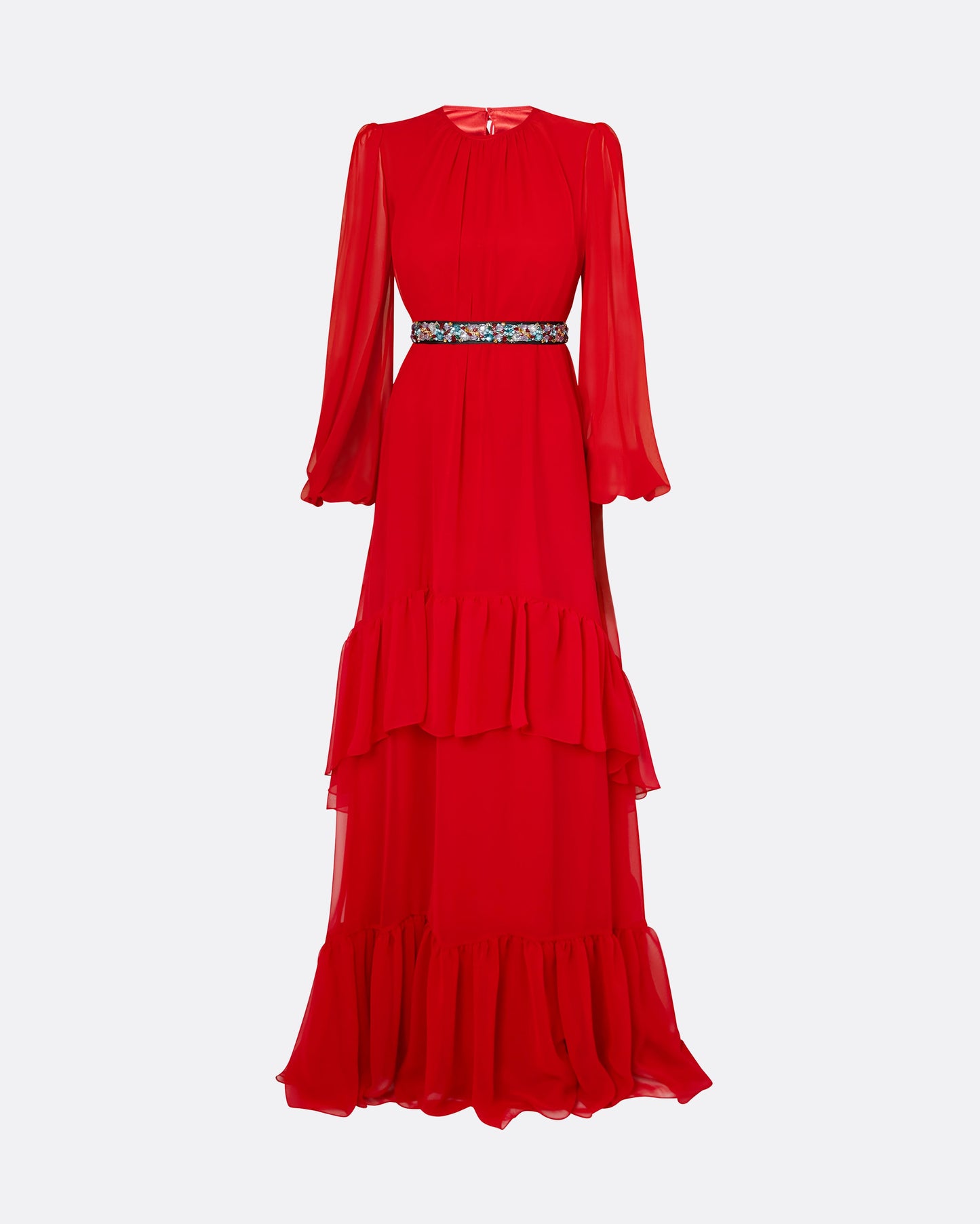 Affiyah Lacquer Red Long Dress With Embroidered Belt