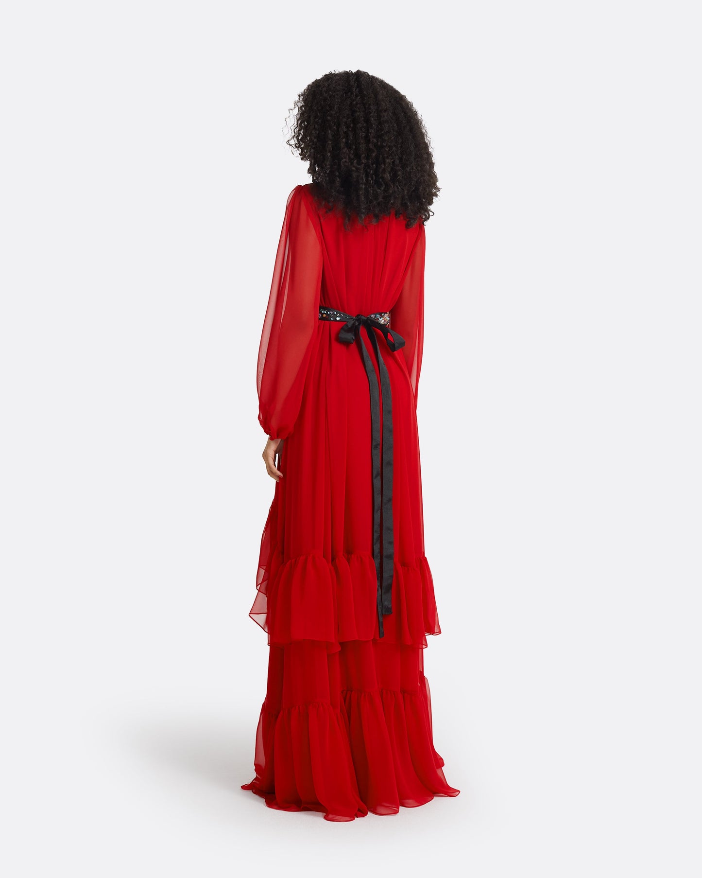 Affiyah Lacquer Red Long Dress With Embroidered Belt