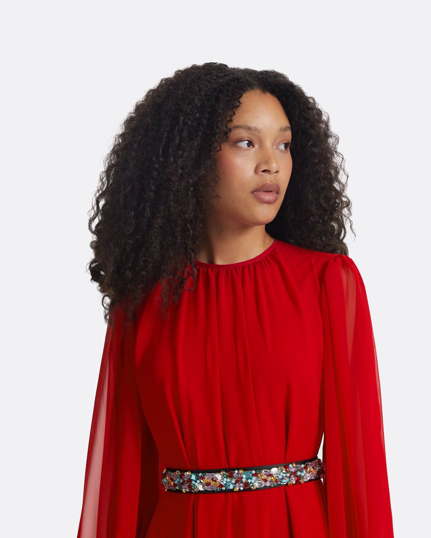 Affiyah Lacquer Red Long Dress With Embroidered Belt