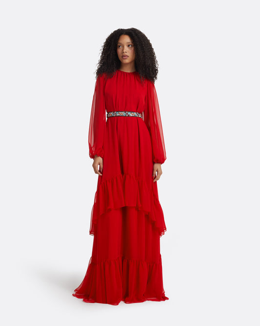 Affiyah Lacquer Red Long Dress With Embroidered Belt