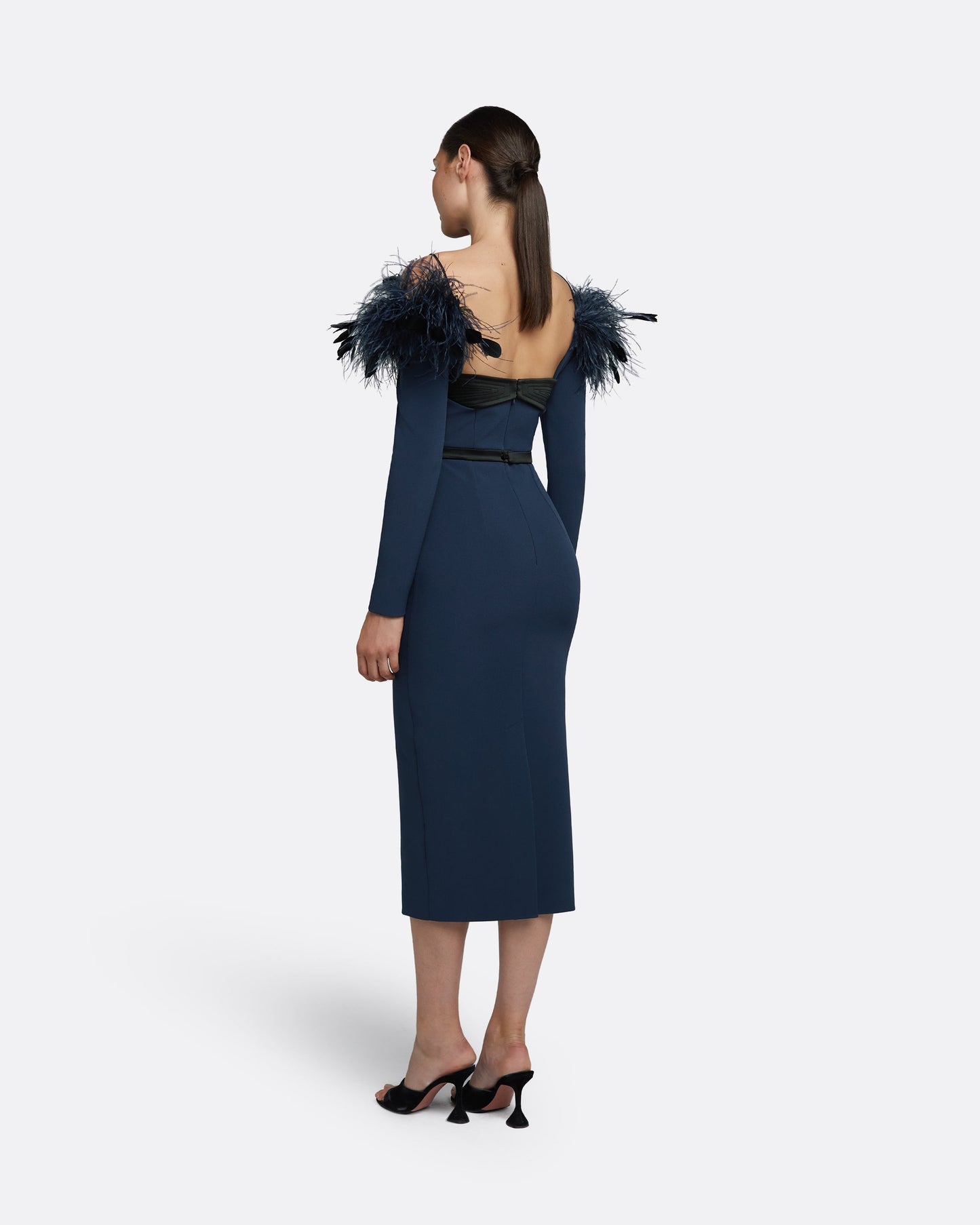 Vittoria Ink Blue Feather Trimmed Midi Dress