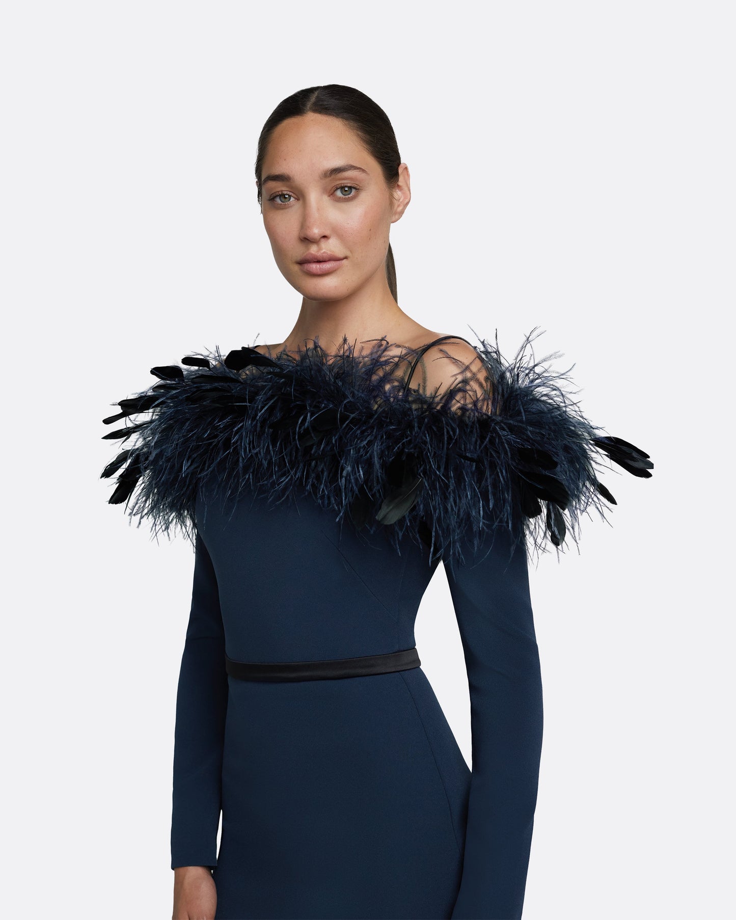 Vittoria Ink Blue Feather Trimmed Midi Dress