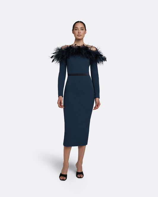 Vittoria Ink Blue Feather Trimmed Midi Dress