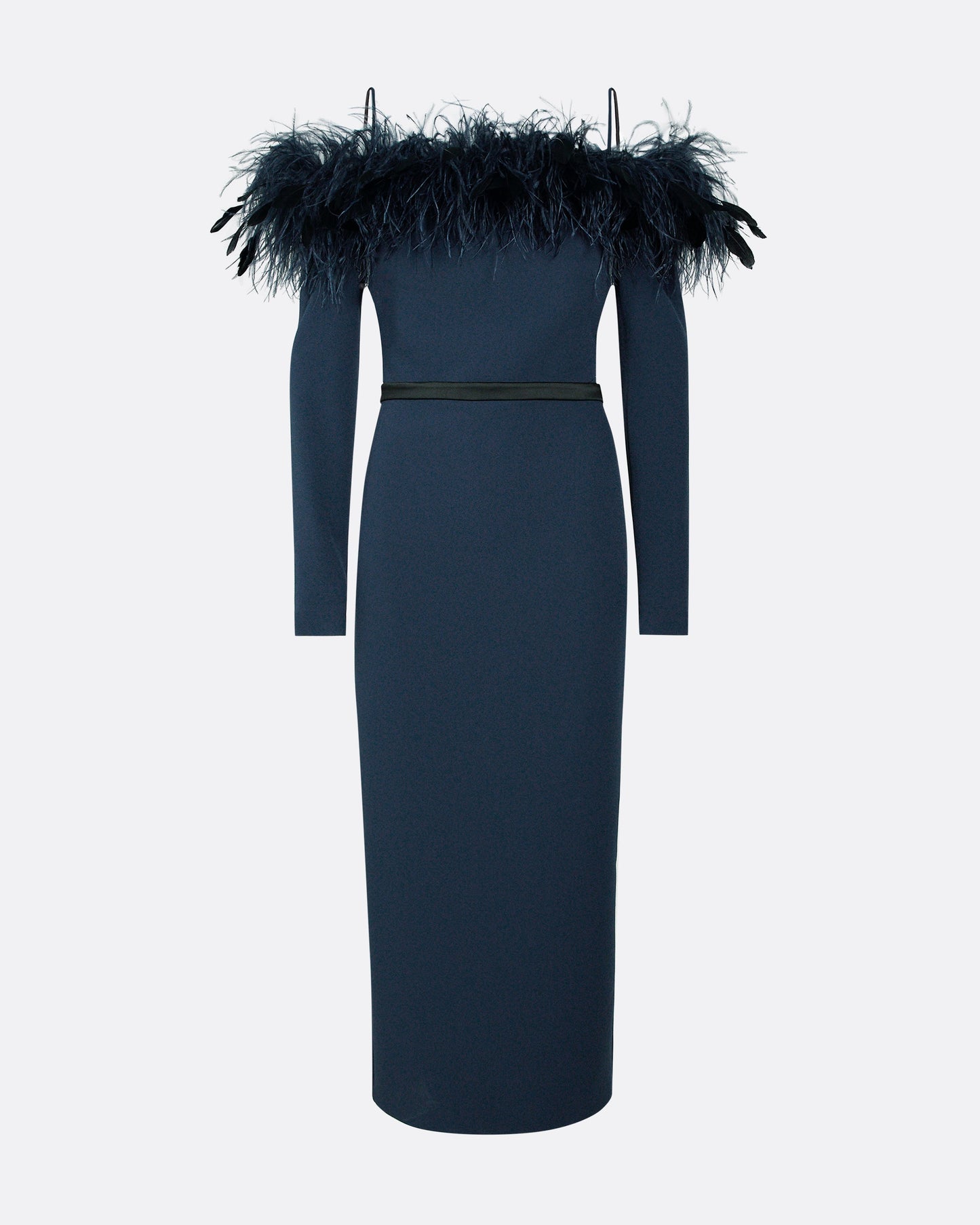 Vittoria Ink Blue Feather Trimmed Midi Dress