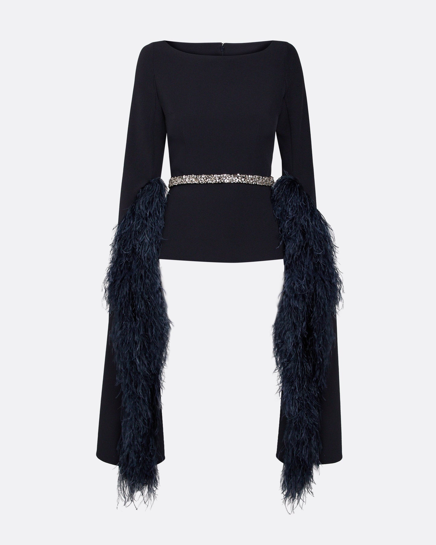 Tavia Midnight Navy Feather-Trimmed Top