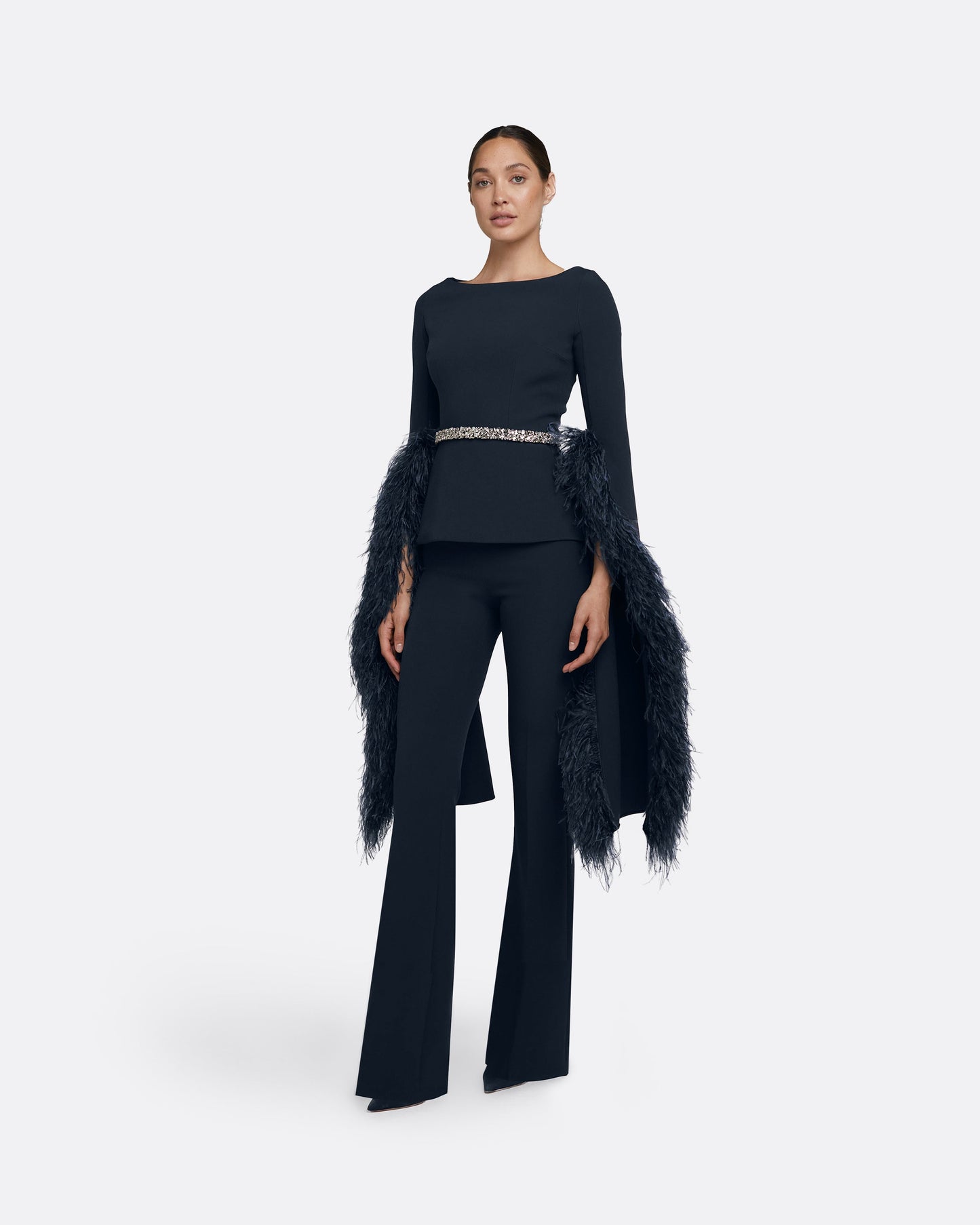 Tavia Midnight Navy Feather-Trimmed Top