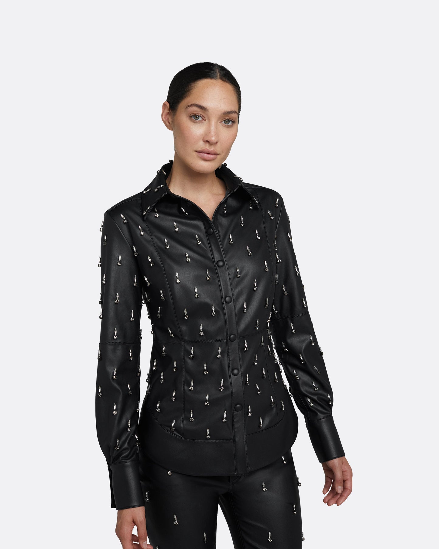 Ellie Black Vegan Leather Embroidered Top