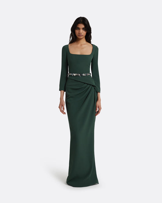 Mahir Darkest Spruce Long Dress With Embroidered Belt