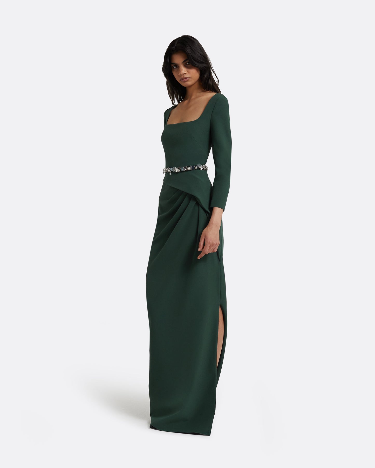 Mahir Darkest Spruce Long Dress With Embroidered Belt