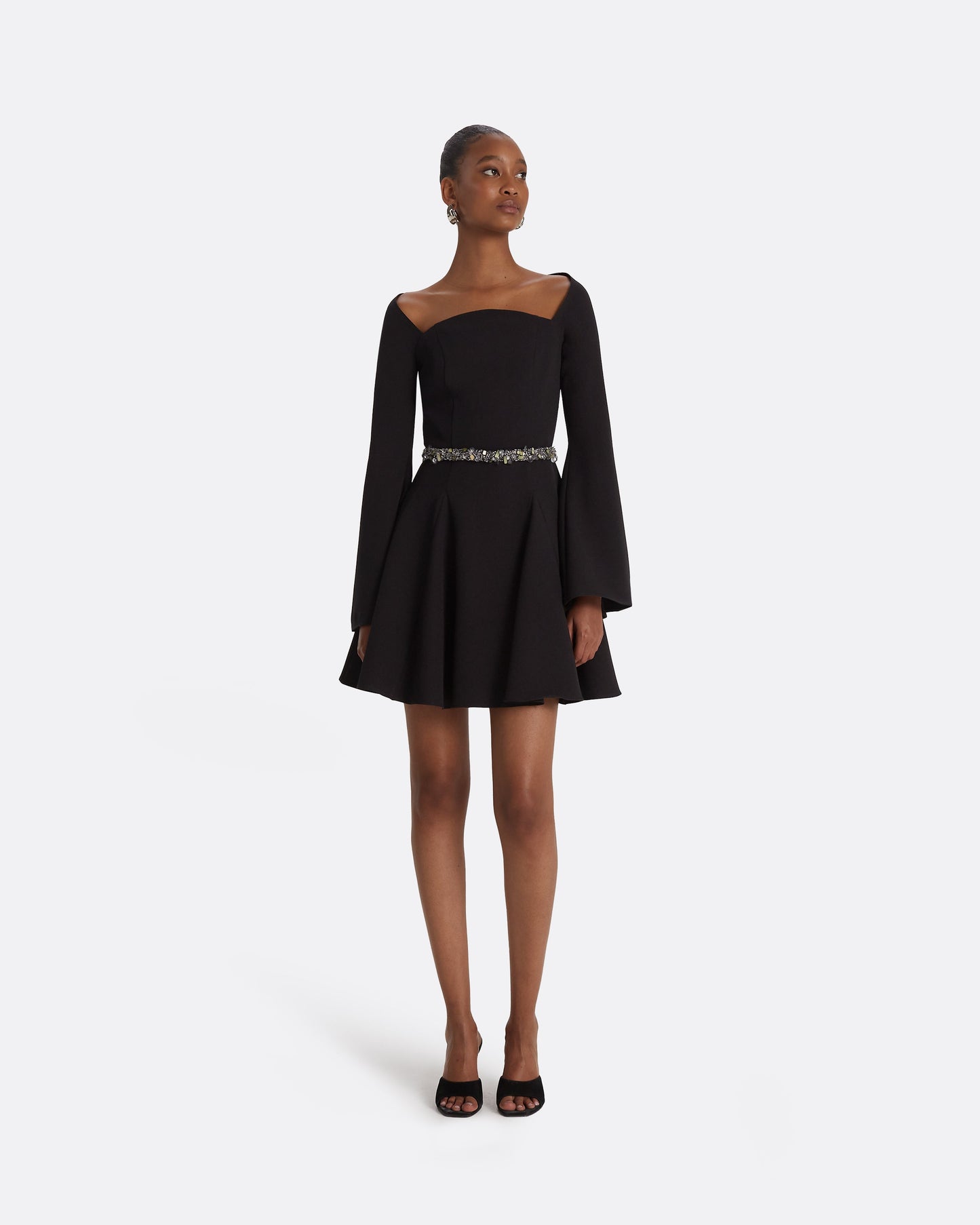 Aubrene Black Short Dress With Embroidered Belt