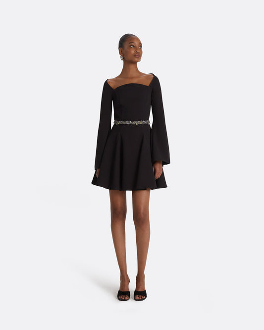 Aubrene Black Short Dress With Embroidered Belt