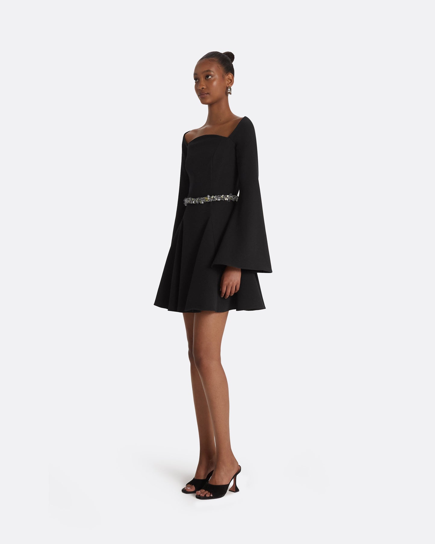 Aubrene Black Short Dress With Embroidered Belt