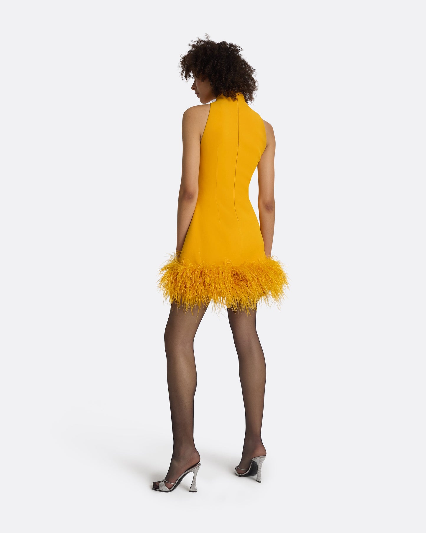 Ratana Ochre Feather-Trimmed Short Dress